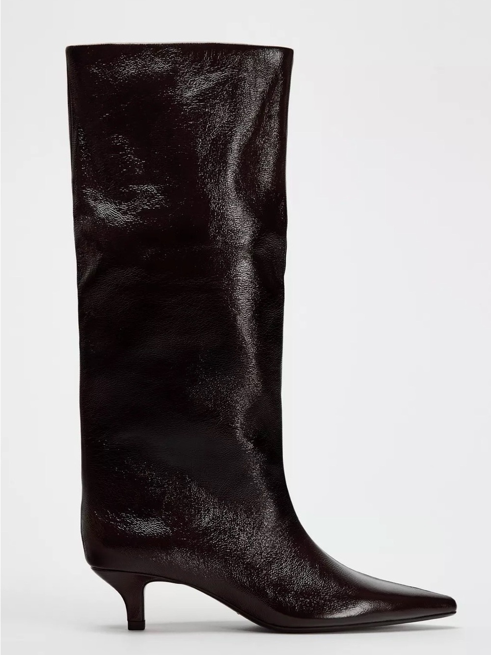 Zara Wide-Shaft Knee-High Kitten Heel Boots – Burgundy Patent Effect – Size 38